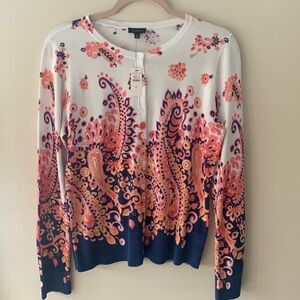NWT Talbots white/navy/coral cotton/rayon long sleeved cardigan sweater size M